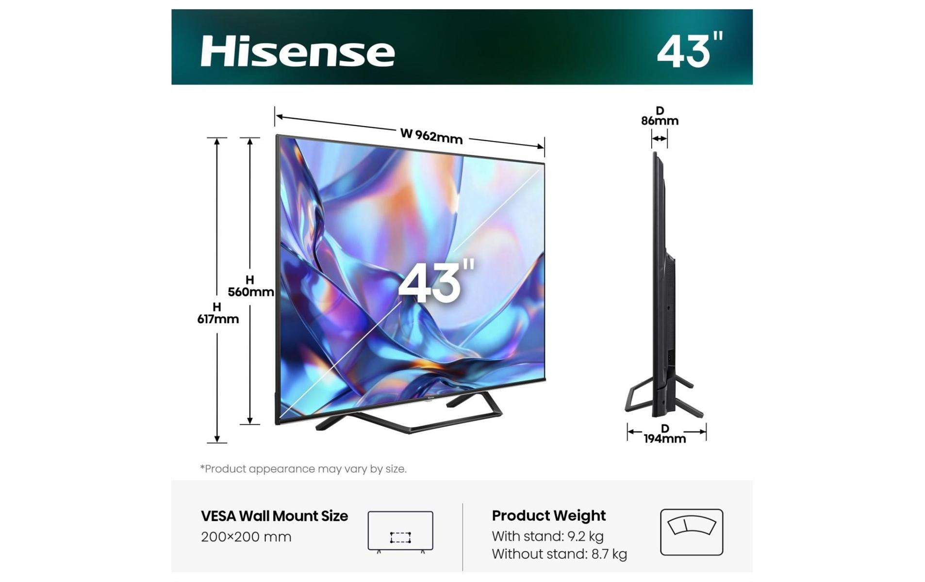 Hisense TV 43A7DS 43, 3840 x 2160 (Ultra HD 4K), QLED